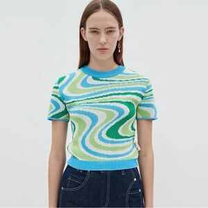 NWT Andersson Bell Blue/Green Swirl Knit Short-Sleeve Shirt - Size S - MSRP $245